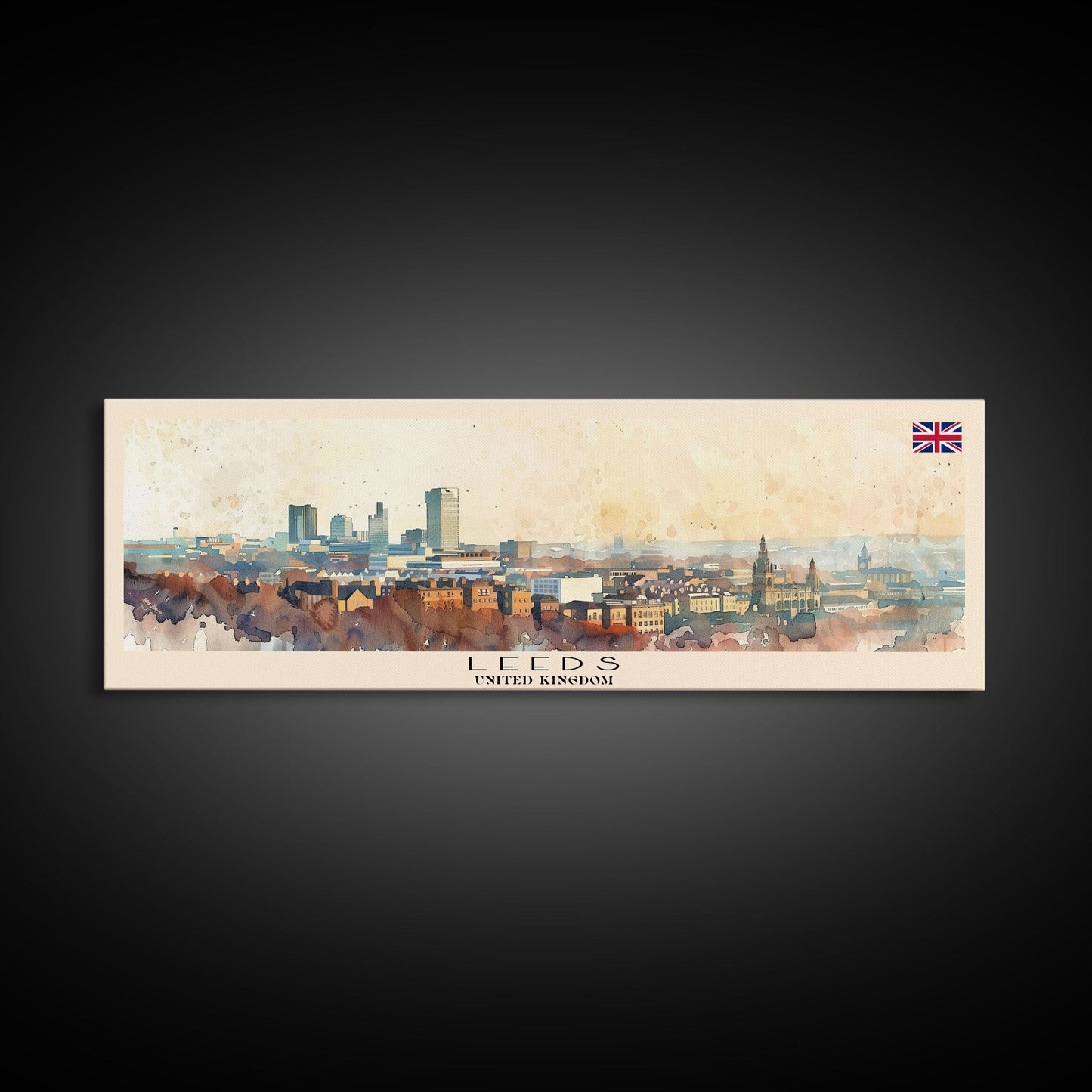 Leeds United Kingdom Panoramic Travel Poster, Framed Canvas Print or Metal Wall Art, Travel Art, Home Decor, Panoramic Painting, Midcentury Art