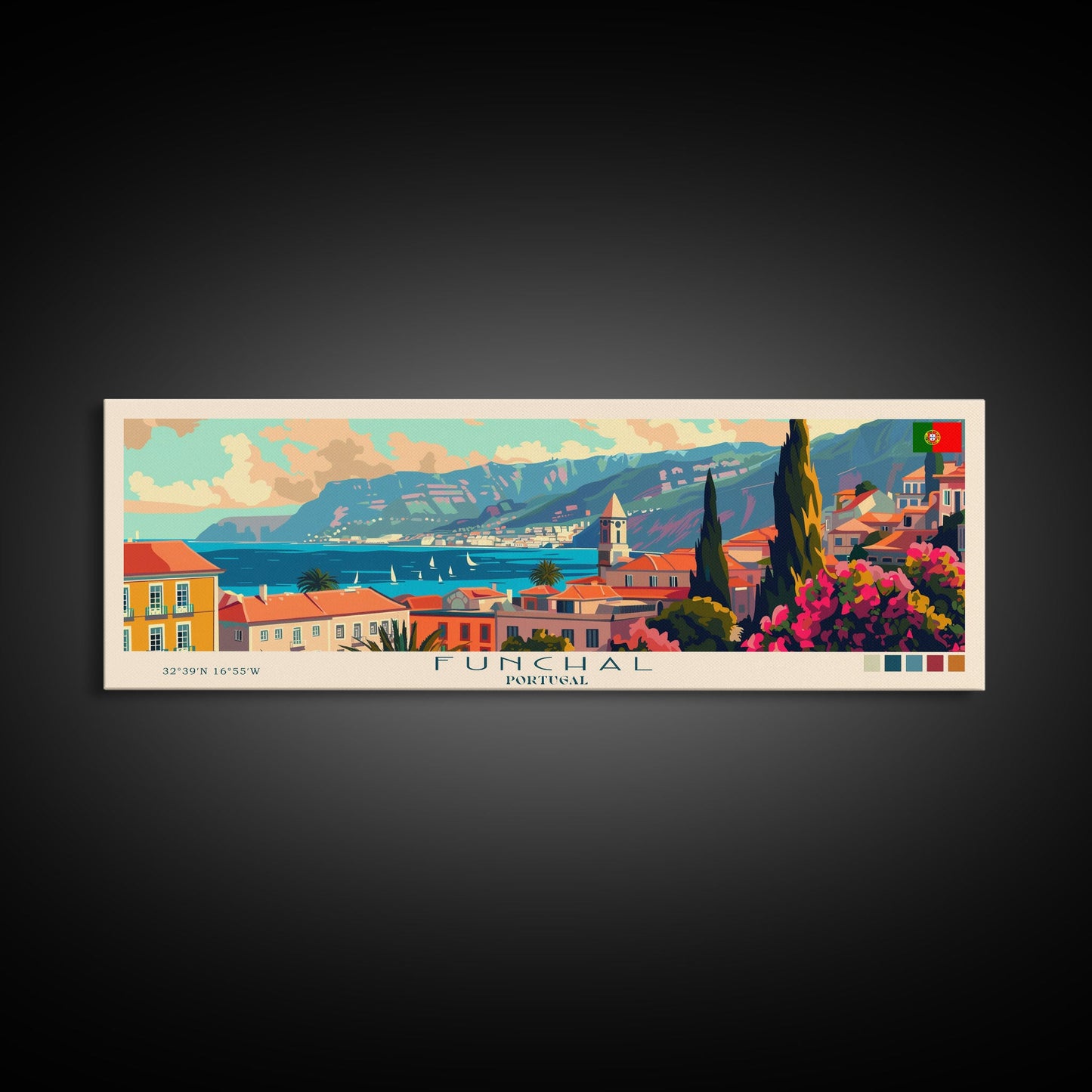 Funchal Portugal Travel Print Wall Art, Panoramic City Art, Travel Art, Wall Decor, Vacation Gift, Framed Canvas Print Or Metal Art