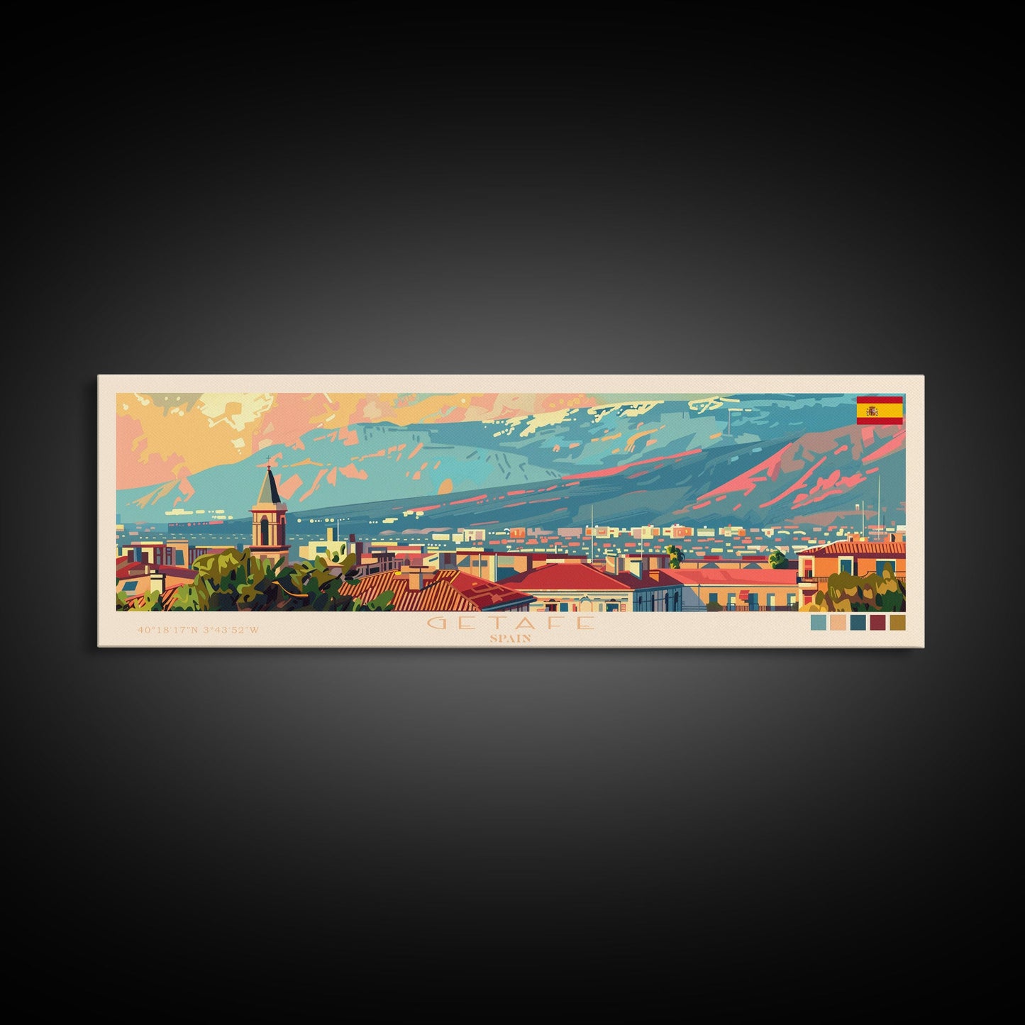 Getafe Spain Panoramic Travel Poster, Framed Canvas Print or Metal Wall Art, Travel Art, Home Decor, Panoramic Painting, Midcentury Art