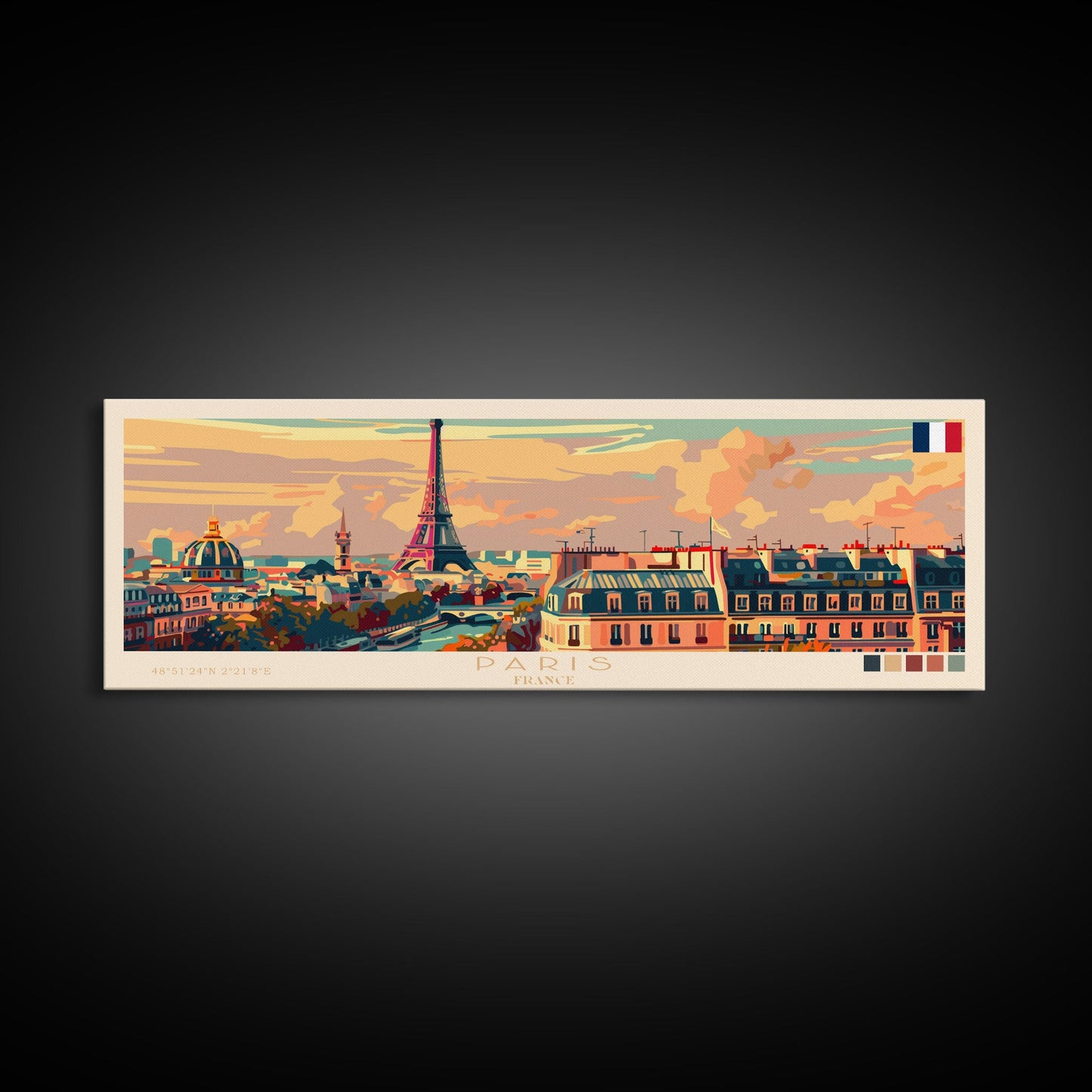 Paris France Panoramic Travel Poster, Framed Canvas Print or Metal Wall Art, Travel Art, Home Decor, Panoramic Painting, Midcentury Art