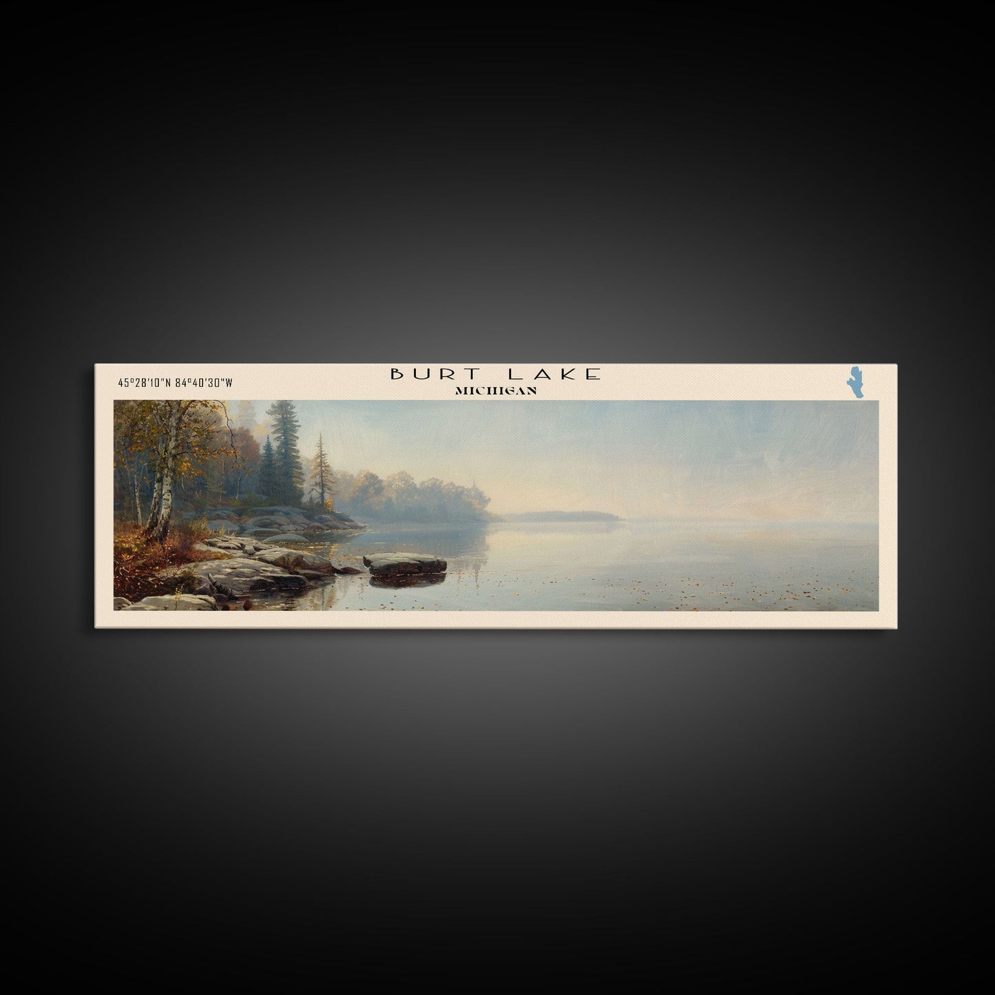 Burt Lake Michigan Framed Canvas Print, Panoramic Lake House Decor, Wall Art, Travel Poster, Rustic Lake Painting, Nature Art