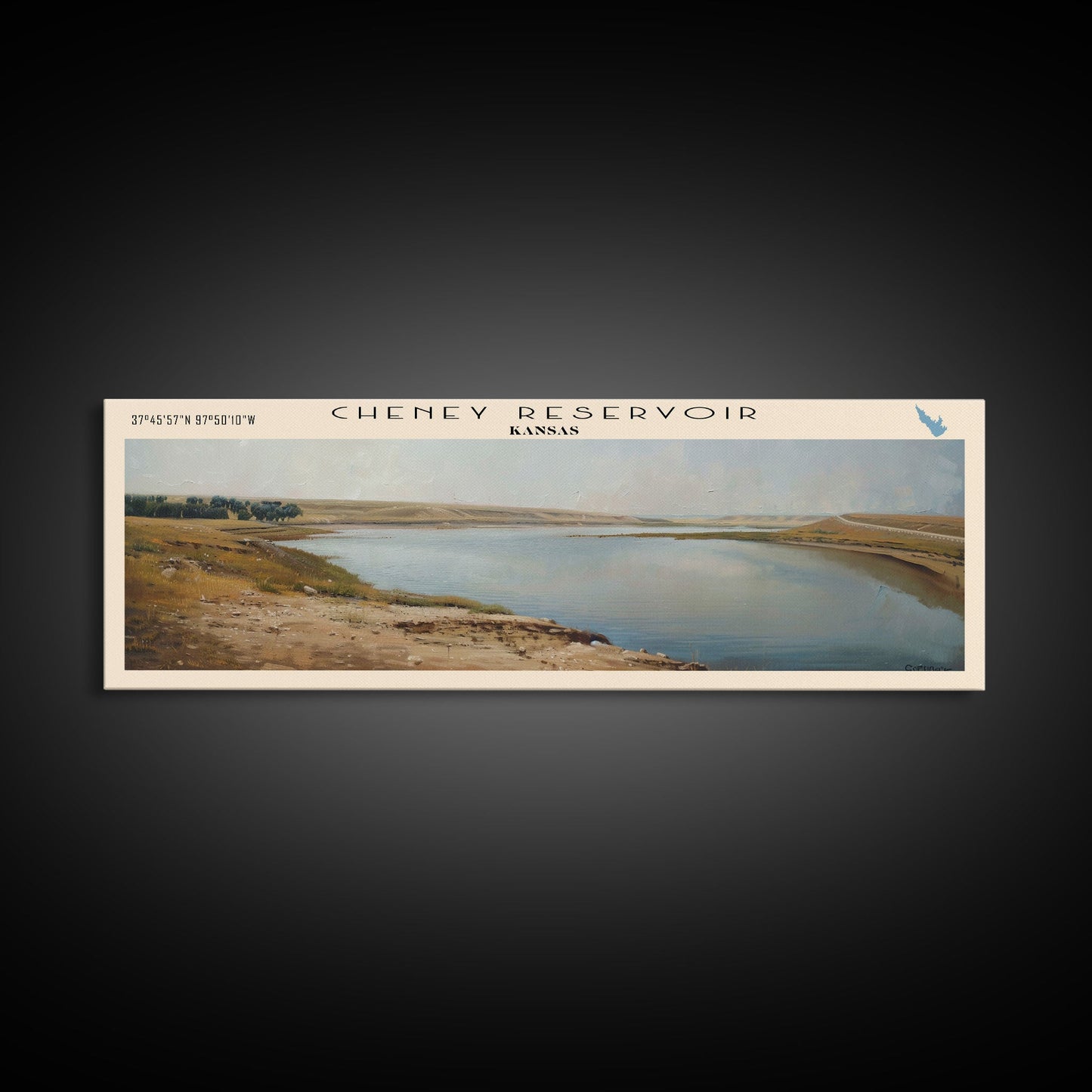 Cheney Reservoir Kansas Framed Canvas Print, Panoramic Lake House Decor, Wide Wall Art, Travel Poster, Rustic Lake Painting, Home Decor