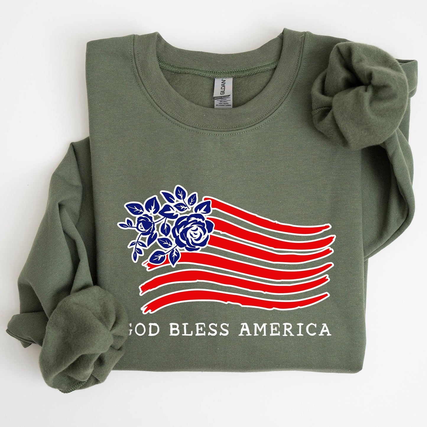 God Bless America Flower Flag 4th Of July Patriotic Floral Pattern Vintage Style Sweatshirt