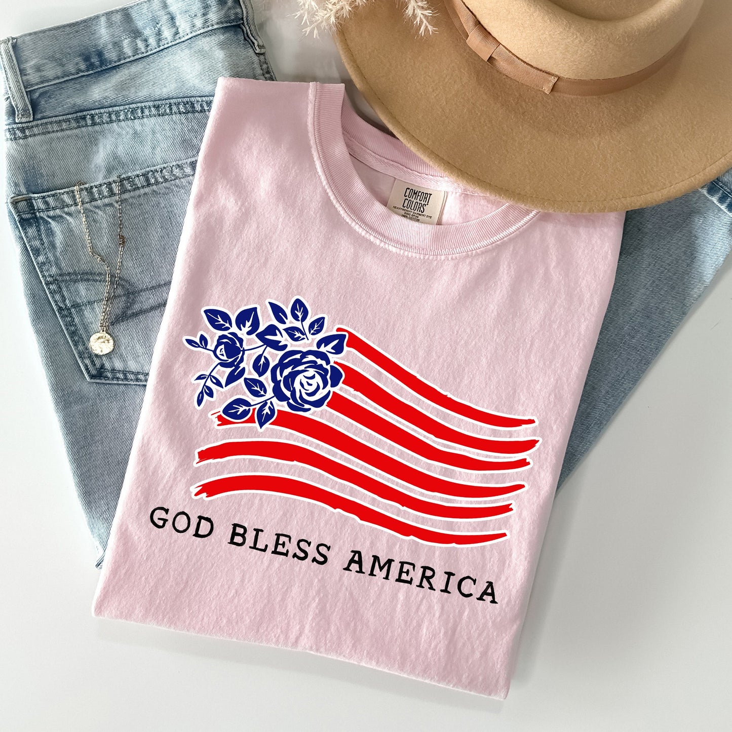 God Bless America Flower Flag Patriotic Design For Freedom And Country Pride Comfort Colors Tee