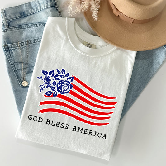 God Bless America Flower Flag Patriotic Design For Freedom And Country Pride Comfort Colors Tee