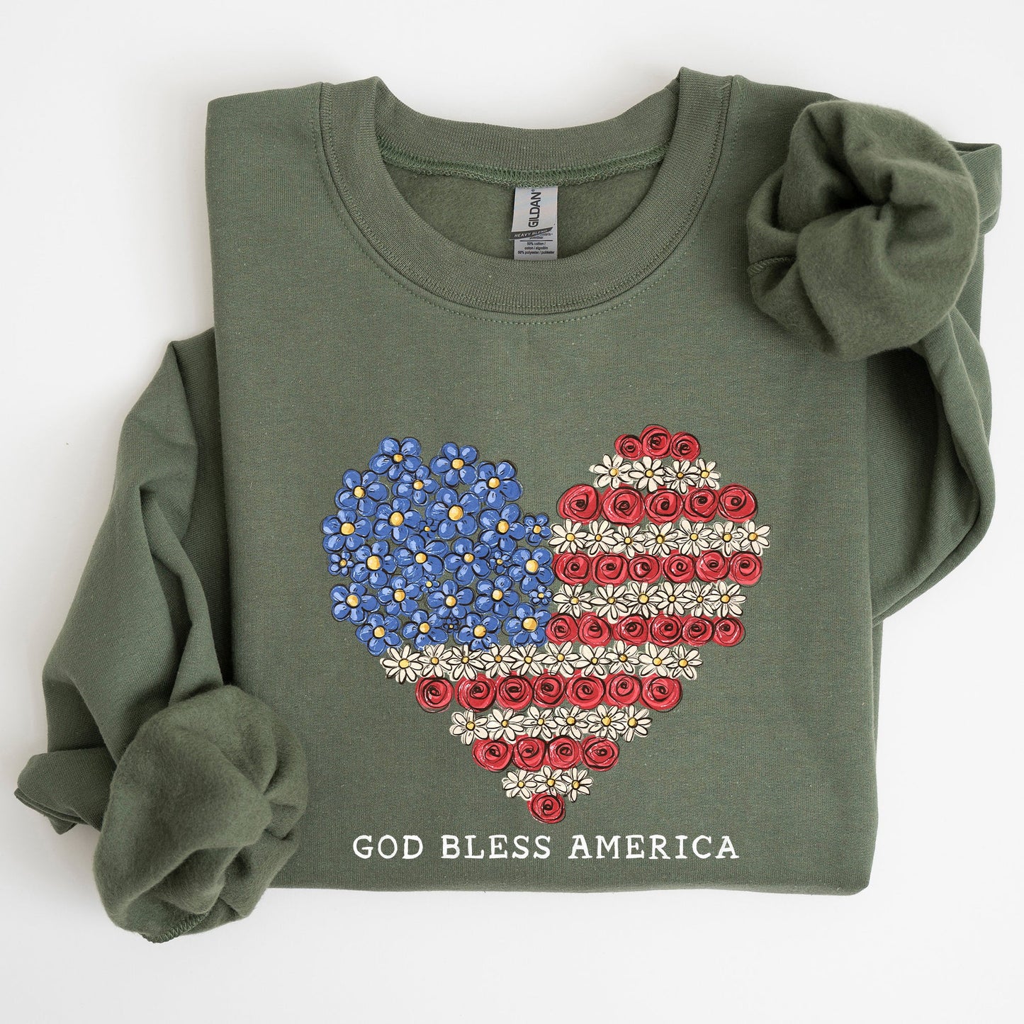 God Bless America Flowers Flag Heart Patriotic Floral Emblem Cozy Cotton Vintage Heritage Sweatshirt