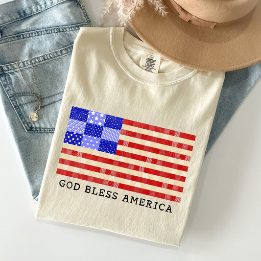 God Bless America Land That I Love USA Flag Patriotic Graphic Comfort Colors Tee