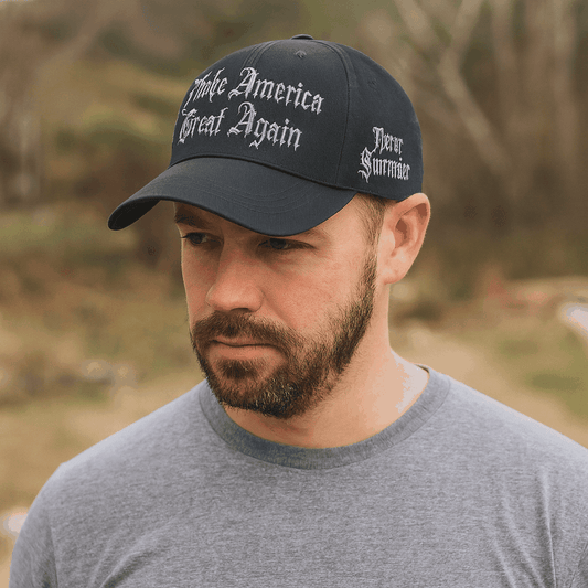 Gothic Dark MAGA Trump Cap – Black, Gothic Embroidery, Never Surrender Side, Flag & Trump Back