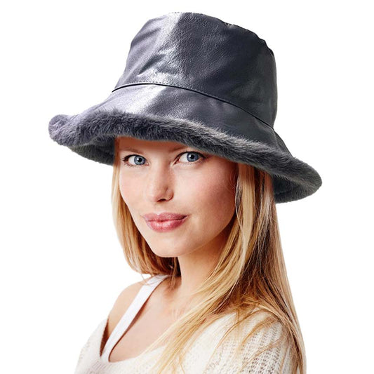 Faux Fur Inside Brim Solid Bucket Hat
