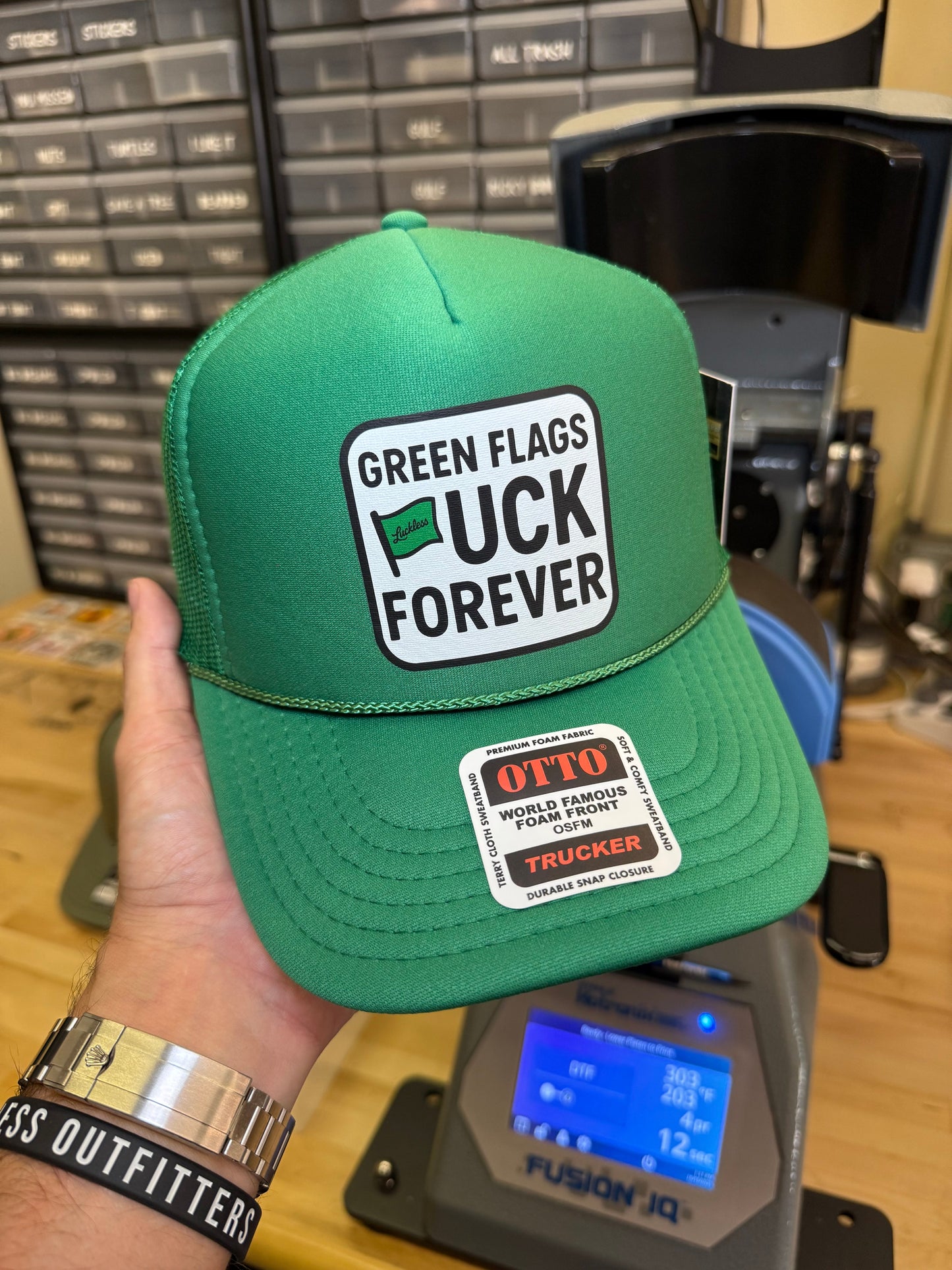 Green Flags Fuck Forever Trucker Hat by Luckless Outfitters