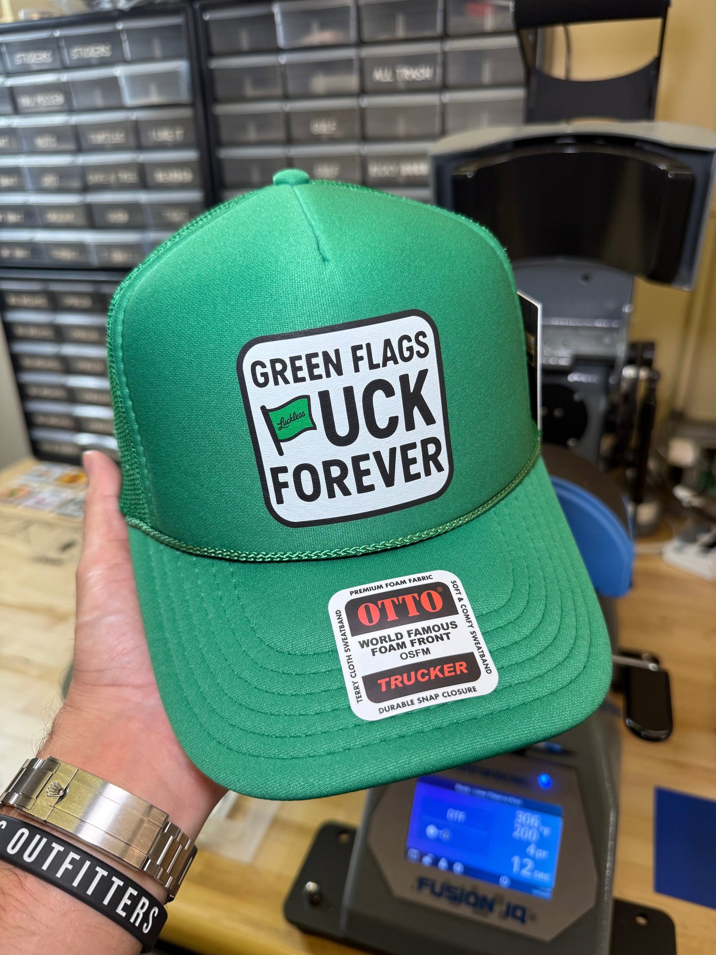 Green Flags Fuck Forever Trucker Hat by Luckless Outfitters