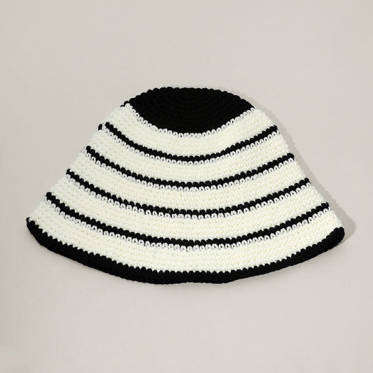 Wire Inserted Rim Crochet Knit Striped Pattern Bucket Hat