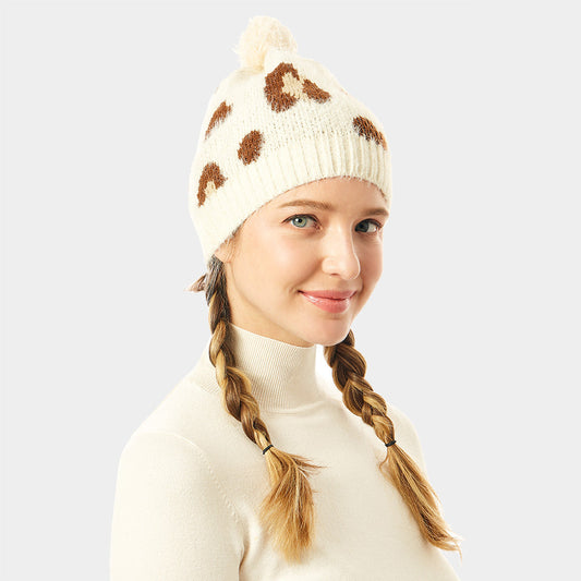 Soft Fuzzy Leopard Print Beanie Hat With Pom Pom