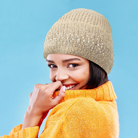 Fleece Lining Rhinestone Embellished Beanie Hat