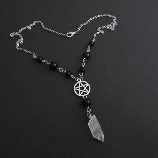 Pentacle Onyx & Quartz Bead Necklace