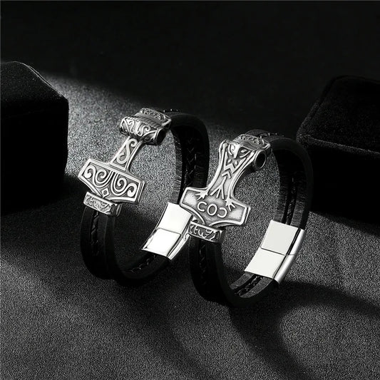 Thors Hammer Men's Leather Bracelet
