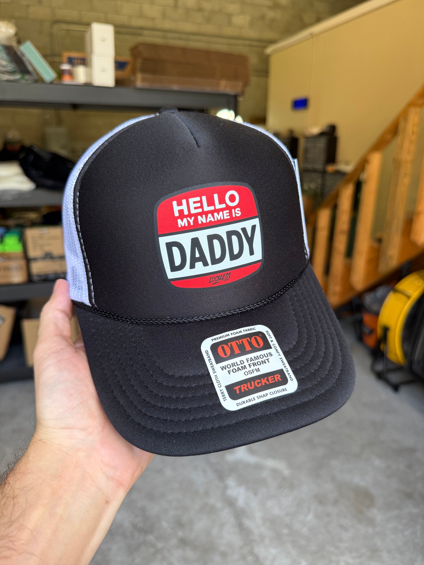 Hello My Name Is Daddy Trucker Hat by Luckless Outfitters