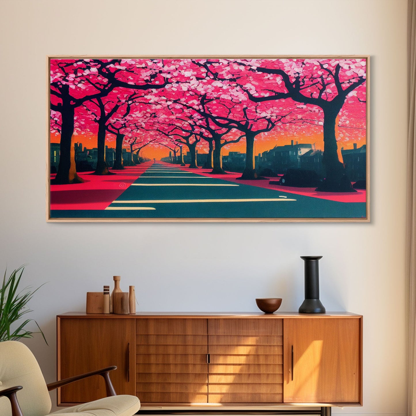 Street lined with Cherry Blossoms, Cherry Blossom Tree  Art, Framed Canvas Print, Ready To Hang Wall Art, Framed Wall Art