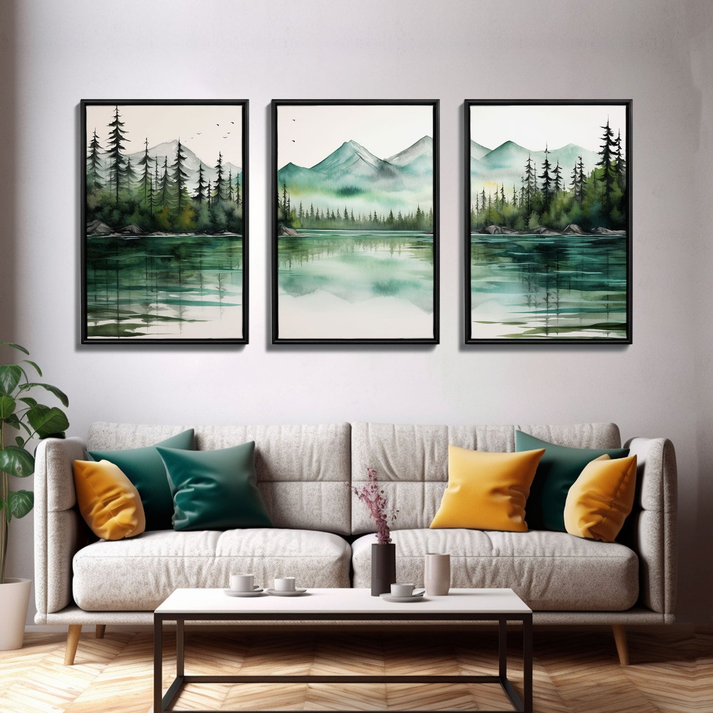 3 Panel Framed Canvas Print Wall Art Set of 3 Emerald Green Mountain Forest Lake Landscape Minimalist Modern Art Nature Wall Decor Pine Tree