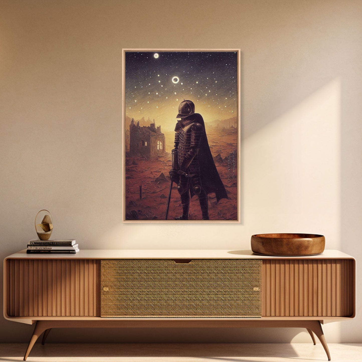 Moon Knight, Retrofuturism Scifi Art, Framed Canvas Print, Ready To Hang Framed Wall Art