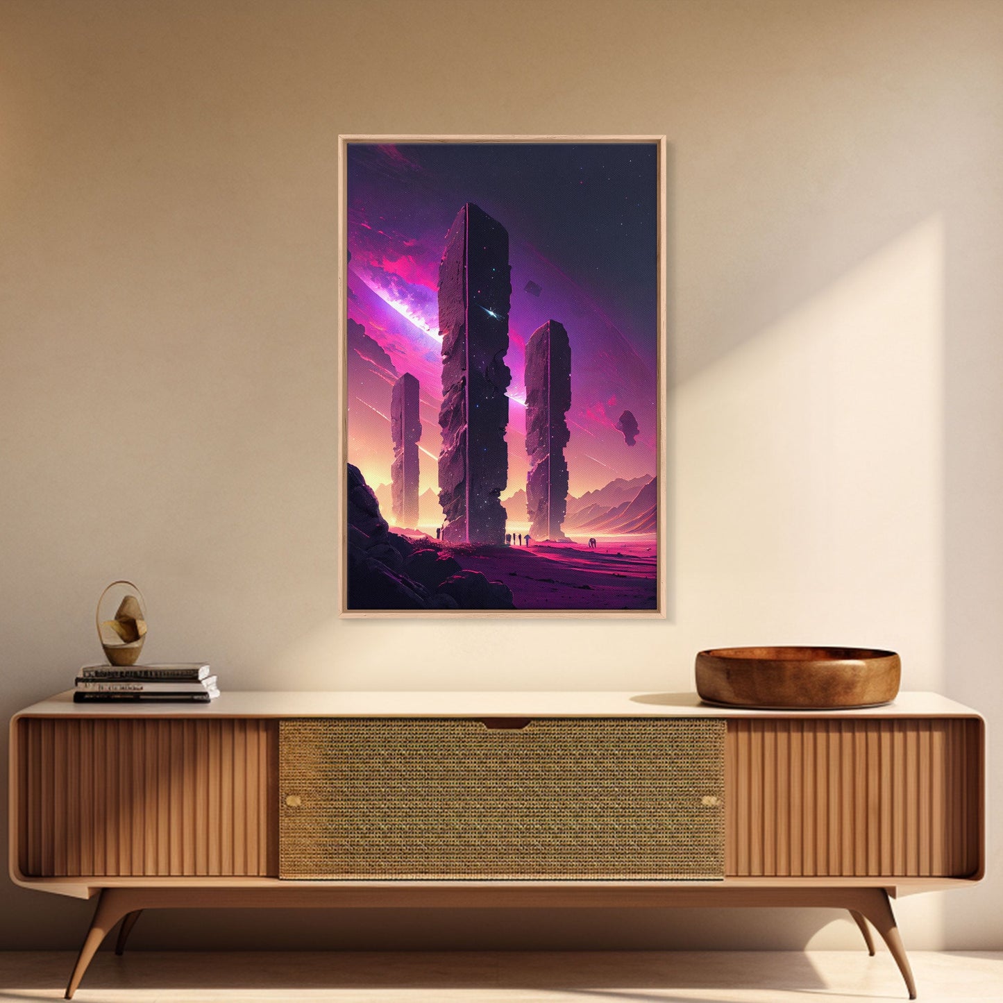 The Monoliths, Scifi art, retro synthwave style alien planet art, framed canvas print