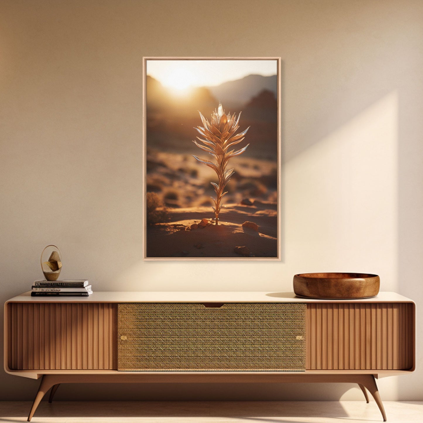 Sunlight Over A Desert Rose, Framed Canvas Wall Art Cactus Desert Landscape Arizona Photography Print Minimalist Modern Western Art