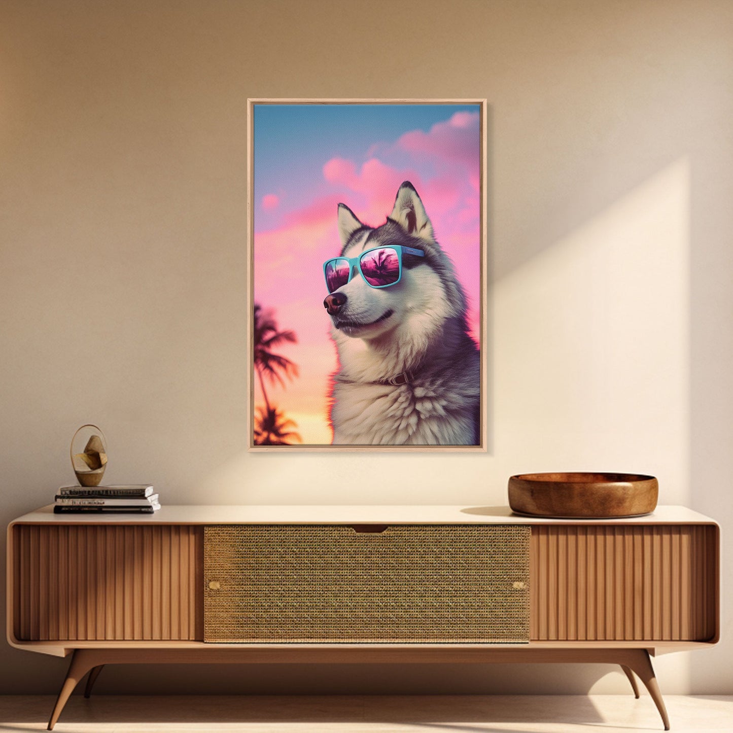 Siberian Husky In Pink Sunglasses Wall Print, Dog Art Print, Dog Portrait, Framed Wall Art, Framed Canvas, Wall Print, Wall Canvas