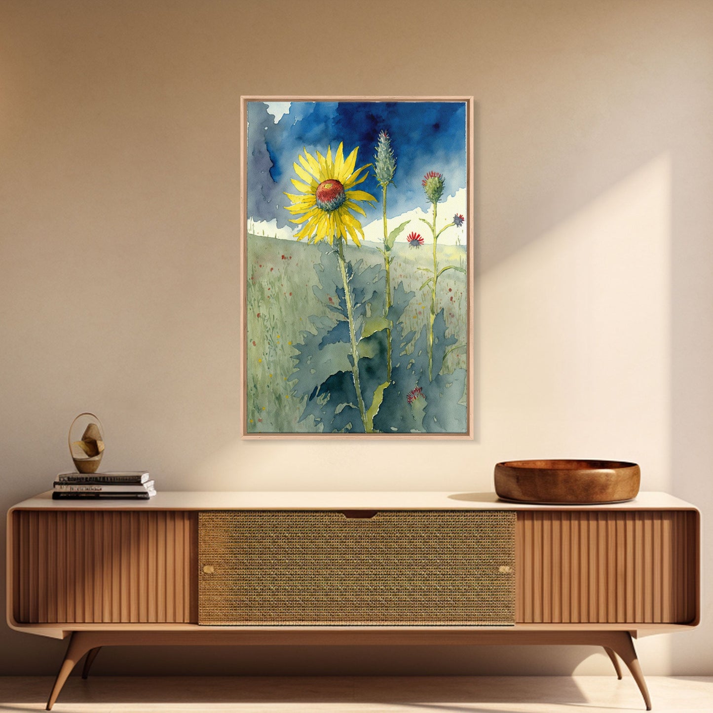 Watercolor Painting Print of a Sunflower and Wildflowers, Framed Canvas Art, Framed Print, Living Room Wall Decor