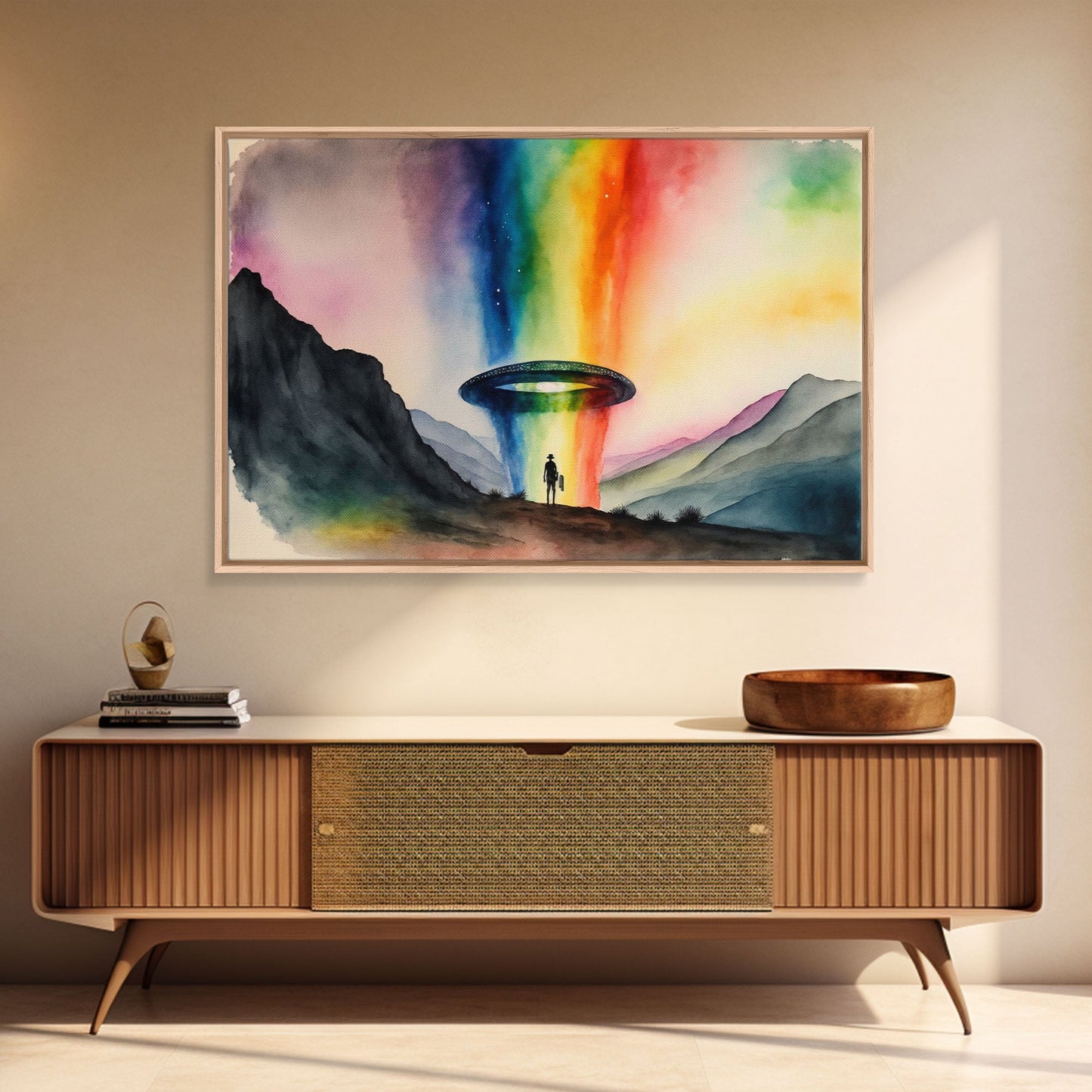 The Abduction, Rainbow UFO Art, Watercolor, Framed Canvas Print, Science Fiction Wall Decor