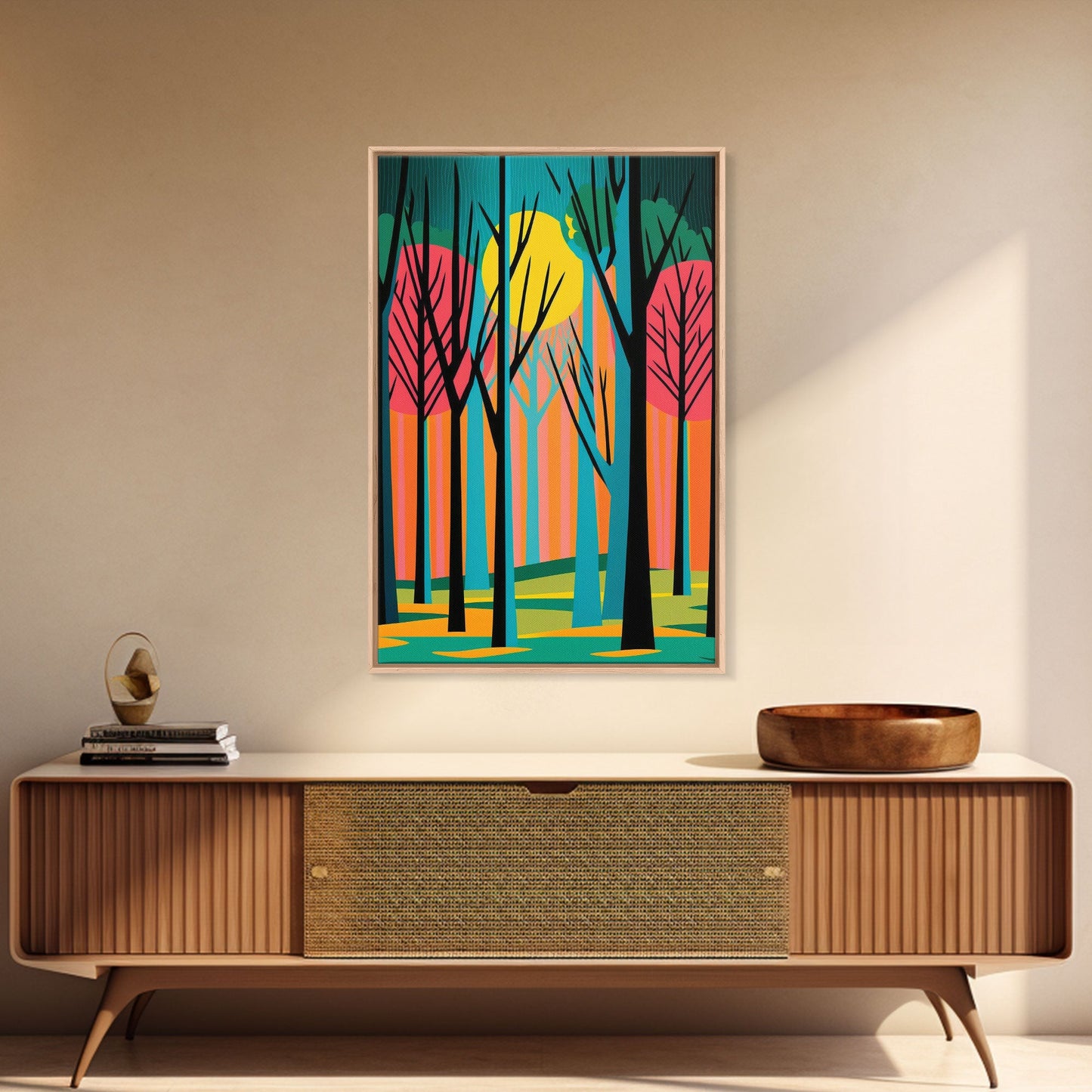 Vintage Style Art, Framed Canvas Prints, Lake and Pine Tree Forest Landscape, Florida Everglades at Sunset,  Pop Art