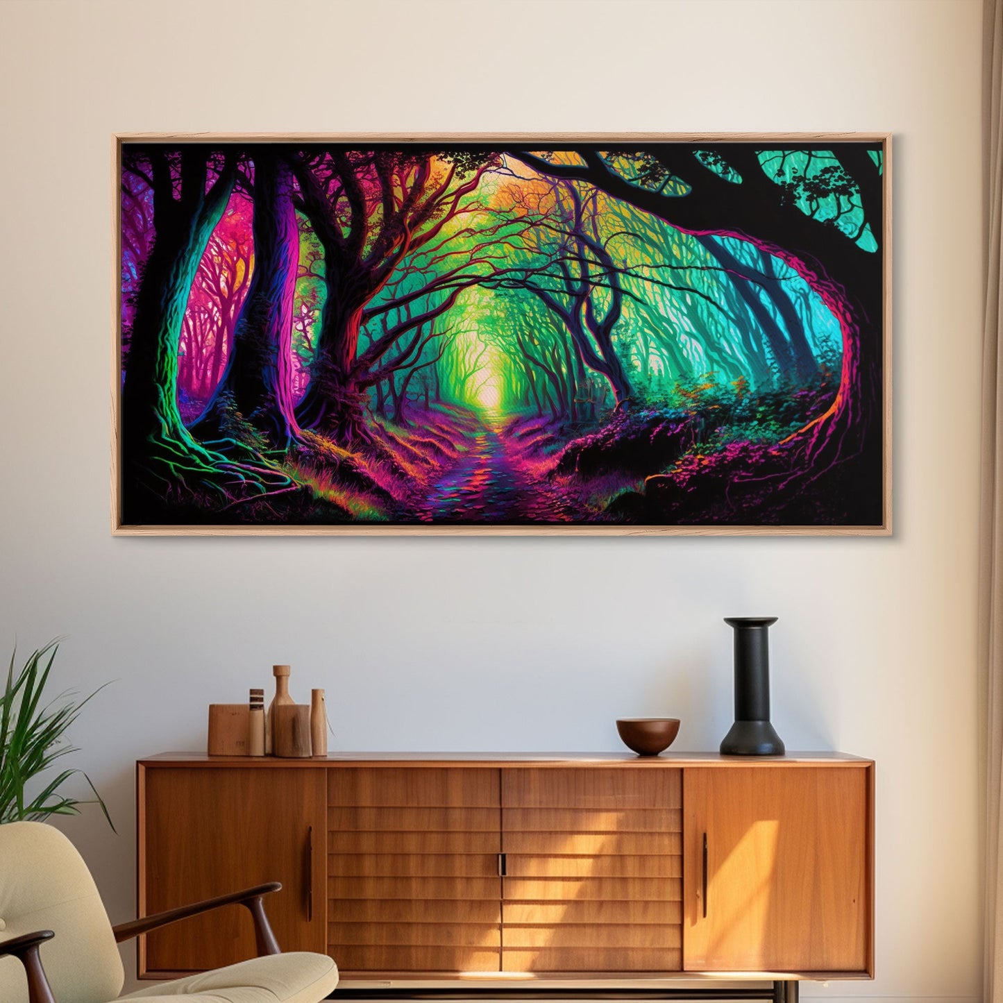 The Secret Grove, Fantasy Art, Pop Art Forest Landscape, Framed Canvas Print, Colorful Forest Painting, Living Room Art