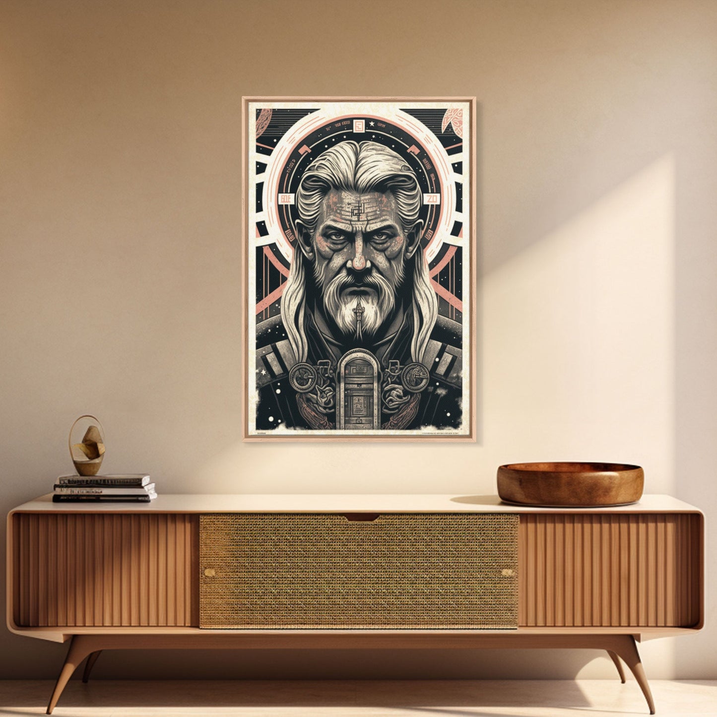 Grunge / Cyberpunk Odin, Norse Mythology, Wall Art, Framed Canvas Print, Futuristic Portrait of Odin