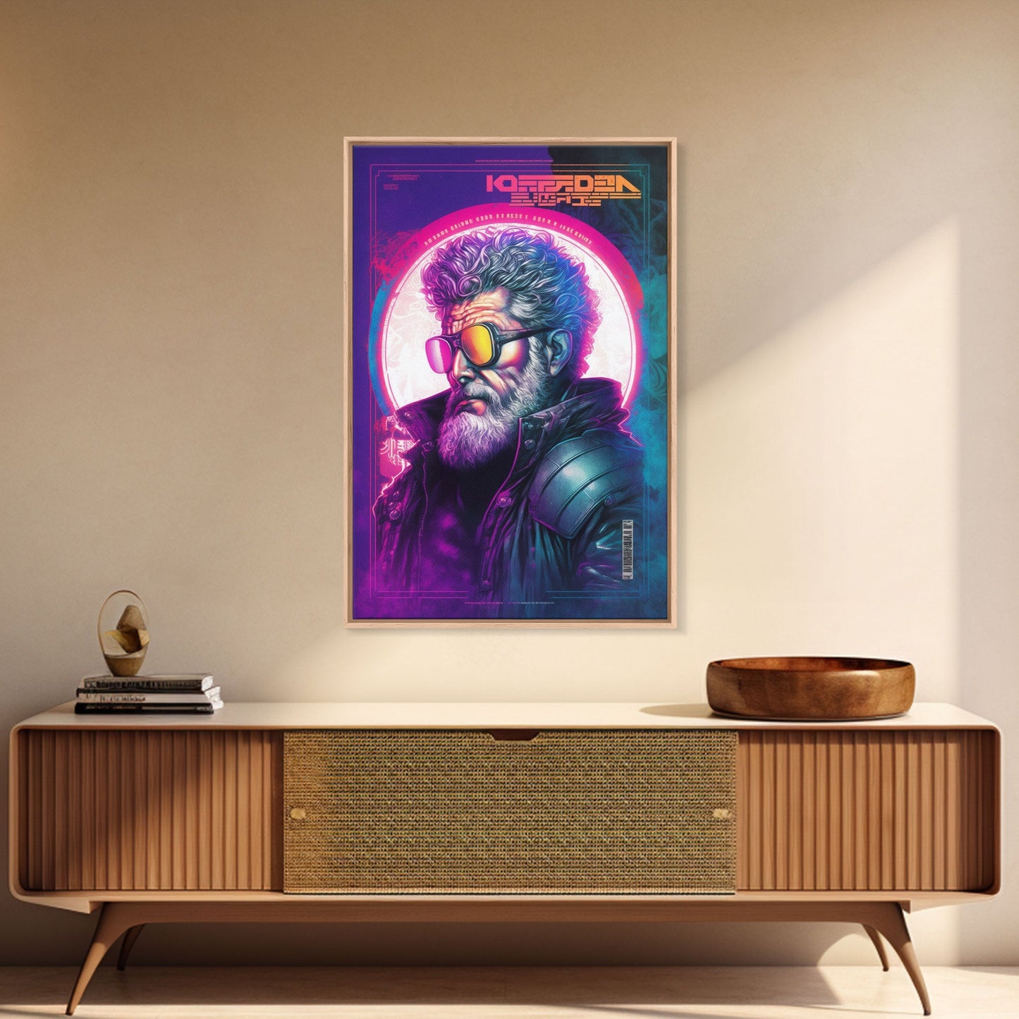 Grunge / Cyberpunk Synthwave Odin Movie Poster Art, Norse Mythology, Wall Art, Framed Canvas Print, Futuristic Portrait of Odin