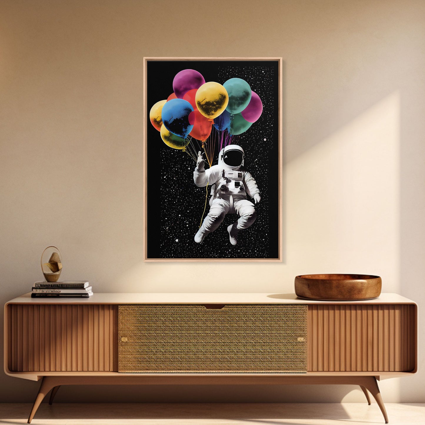 Urban Wall Art, Banksy Inspired, Astronaut Holding Colorful Balloons, Framed Canvas Print, Graffiti Art, Space Art