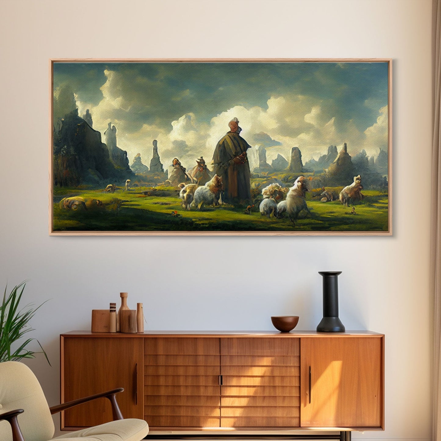 Shepherd and his flock, sheep painting, farmhouse art, watercolor canvas print, Giclee print