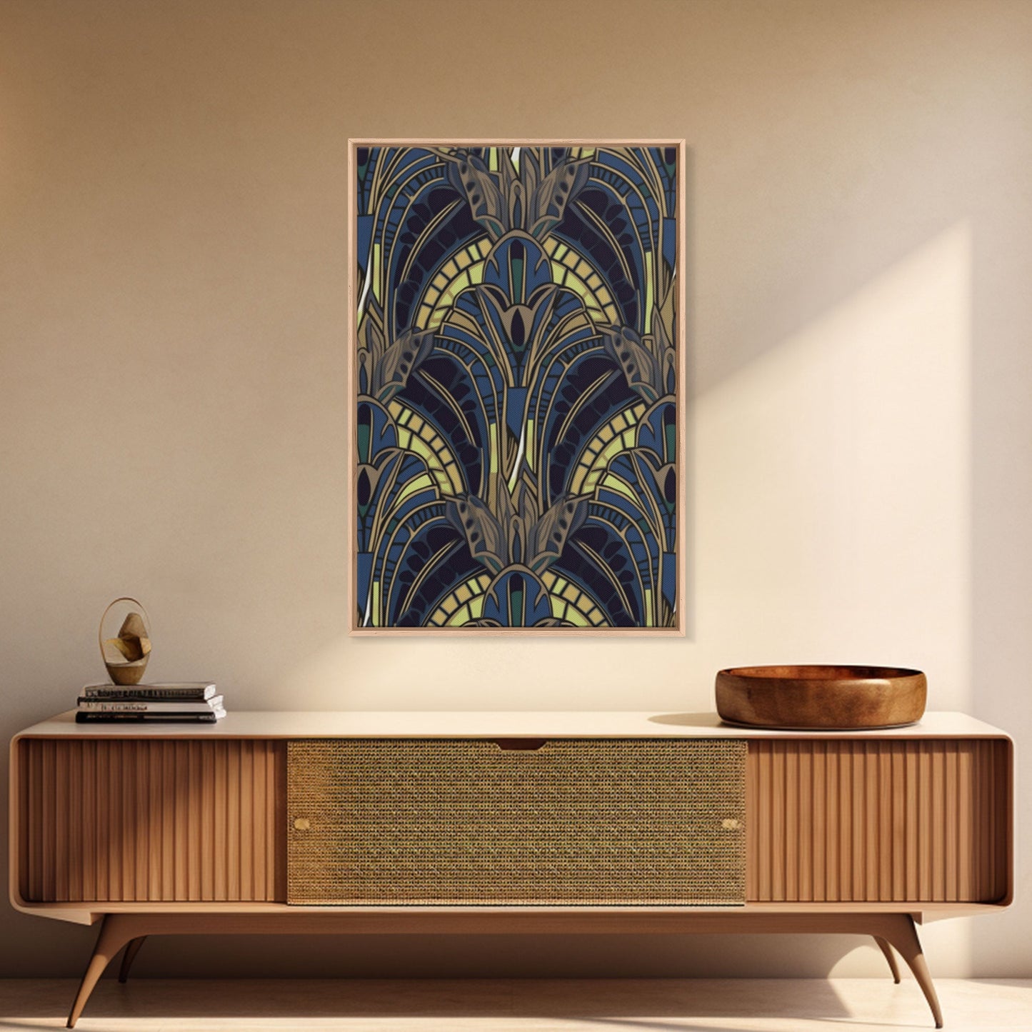 Midcentury Modern Wall art - Framed Canvas Print - Art Deco - Blue colors - Stained glass art - Patterns art - Mosaic art - Living room art