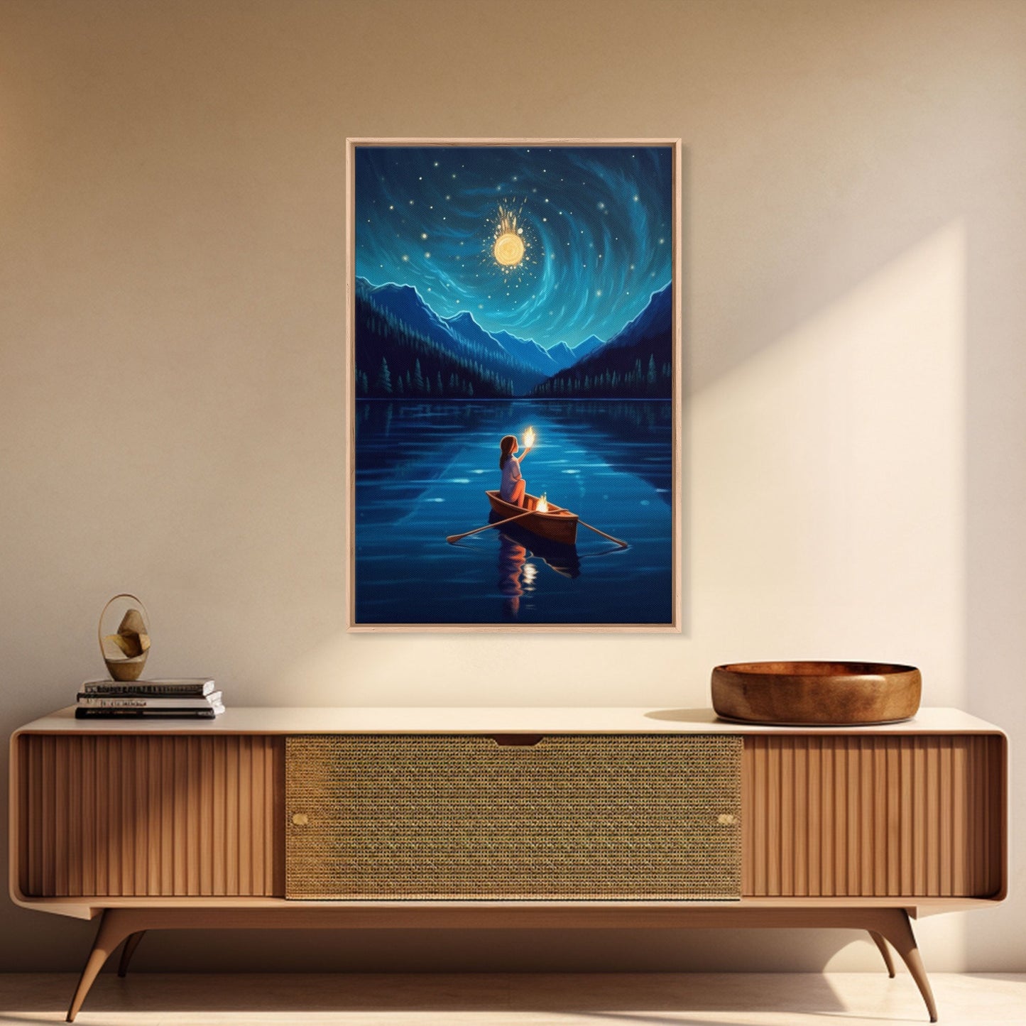 Starry Night, Girl Wizard Lights Up The Night Sky, Fantasy Art, Framed Canvas Print, Fantasy Painting Print, Original Art