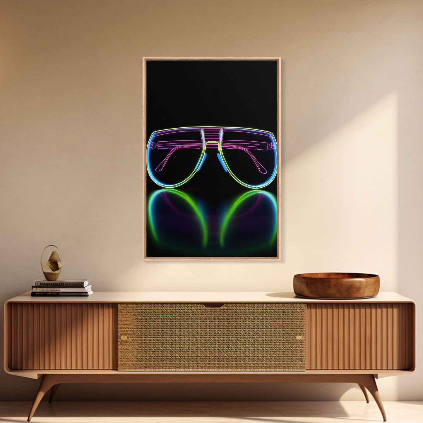 Neon Lights Eye Glasses Wall Decor, Glowing Art Print, Vibrant Art, Minimalist Print, Wall Decor, Canvas Print, Wall Art, Framed Canvas
