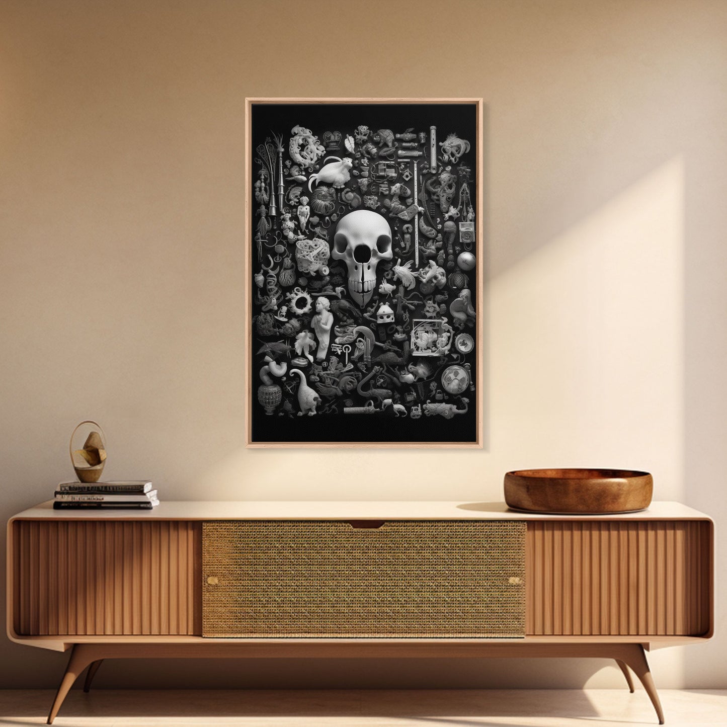 Collection of Trinkets Wall Art, Weird Wall Art, Black And White, Minimalist Print, Wall Decor, Canvas Print, Wall Art, Framed Canvas