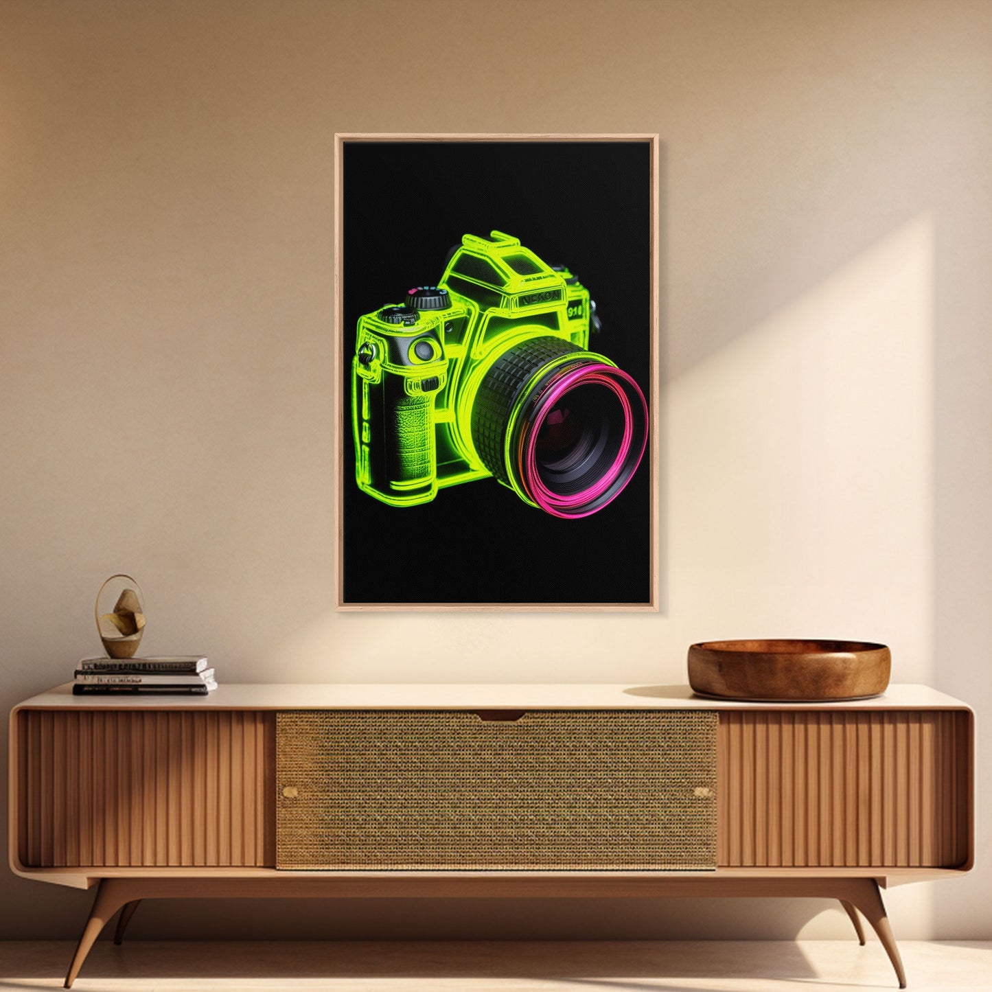 Neon Green Camera Wall Art, Neon Wall Decor, Photography Art,  Minimalist Print, Wall Decor, Canvas Print, Wall Art, Framed Canvas