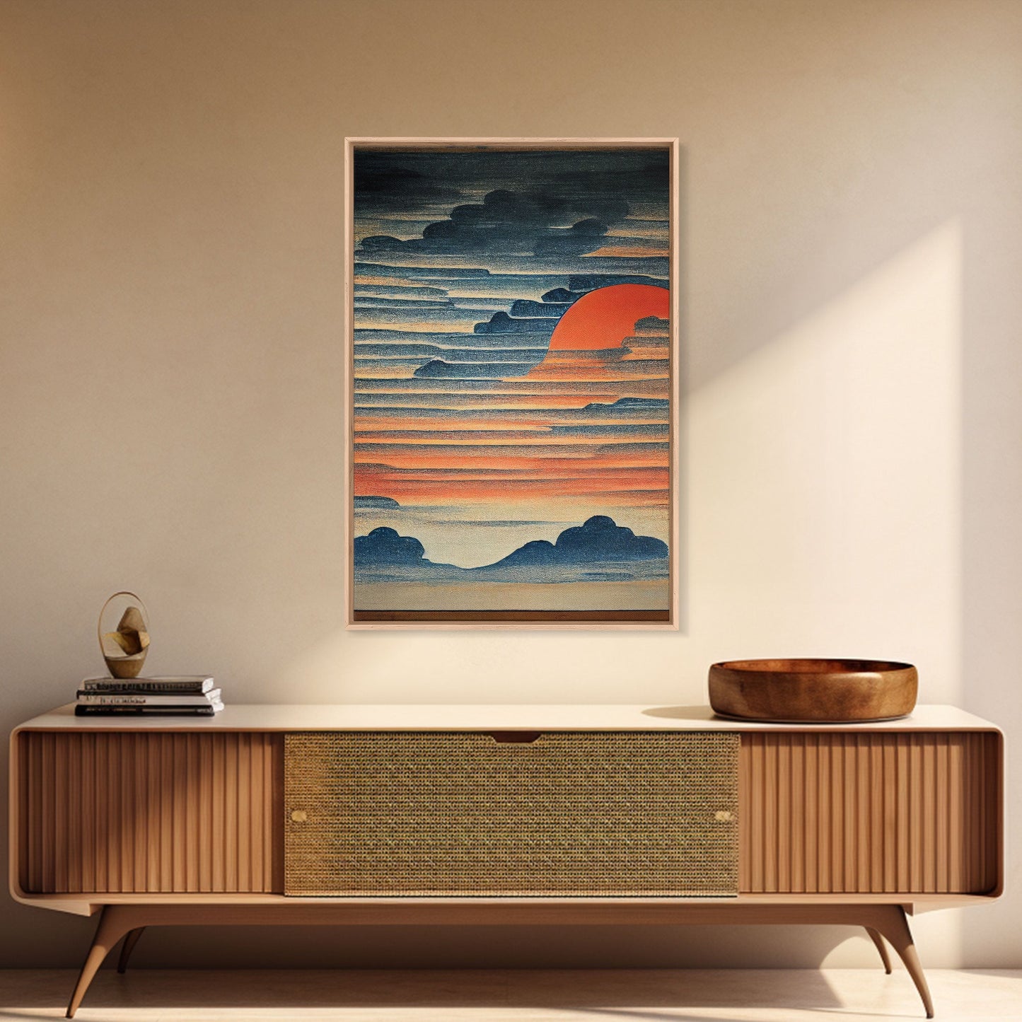 Japanese style wall art, sunrise over the mountains, canvas print, woodblock print style art, Hokusai style wall art