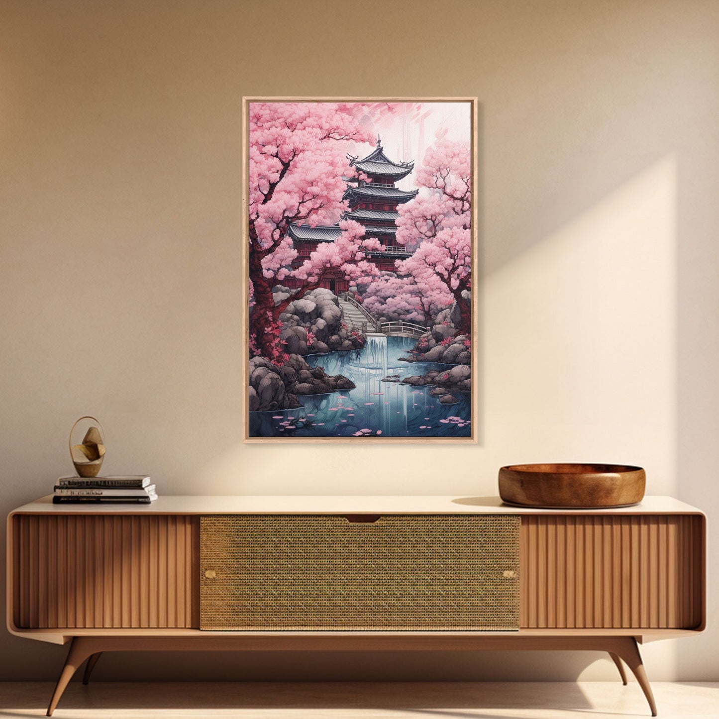 Pagoda Wall Art, Japanese Wall Art, Asian Art, Cherry Blossom Tree, Canvas Print, Wall Art, Vertical Art, Engagement Gift, Prints Wall Art