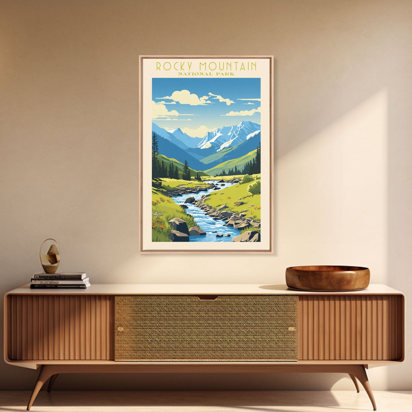 Rocky Mountains National Park Colorado Travel Art, National Park Print, Minimalist Travel Art, Midcentury Modern Style Landscape Painting