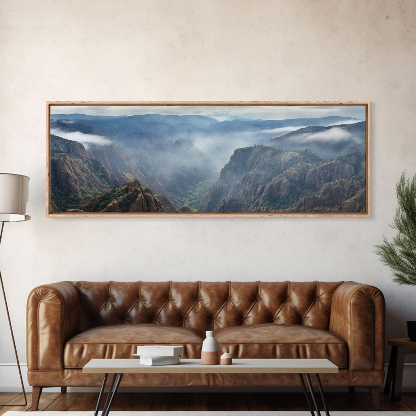 Ultrawide Panoramic Watercolor Landscape Painting Of A Desert Canyon, Framed Canvas Print, Subdued Boho Minimalist Wall Art, Guest Room Art