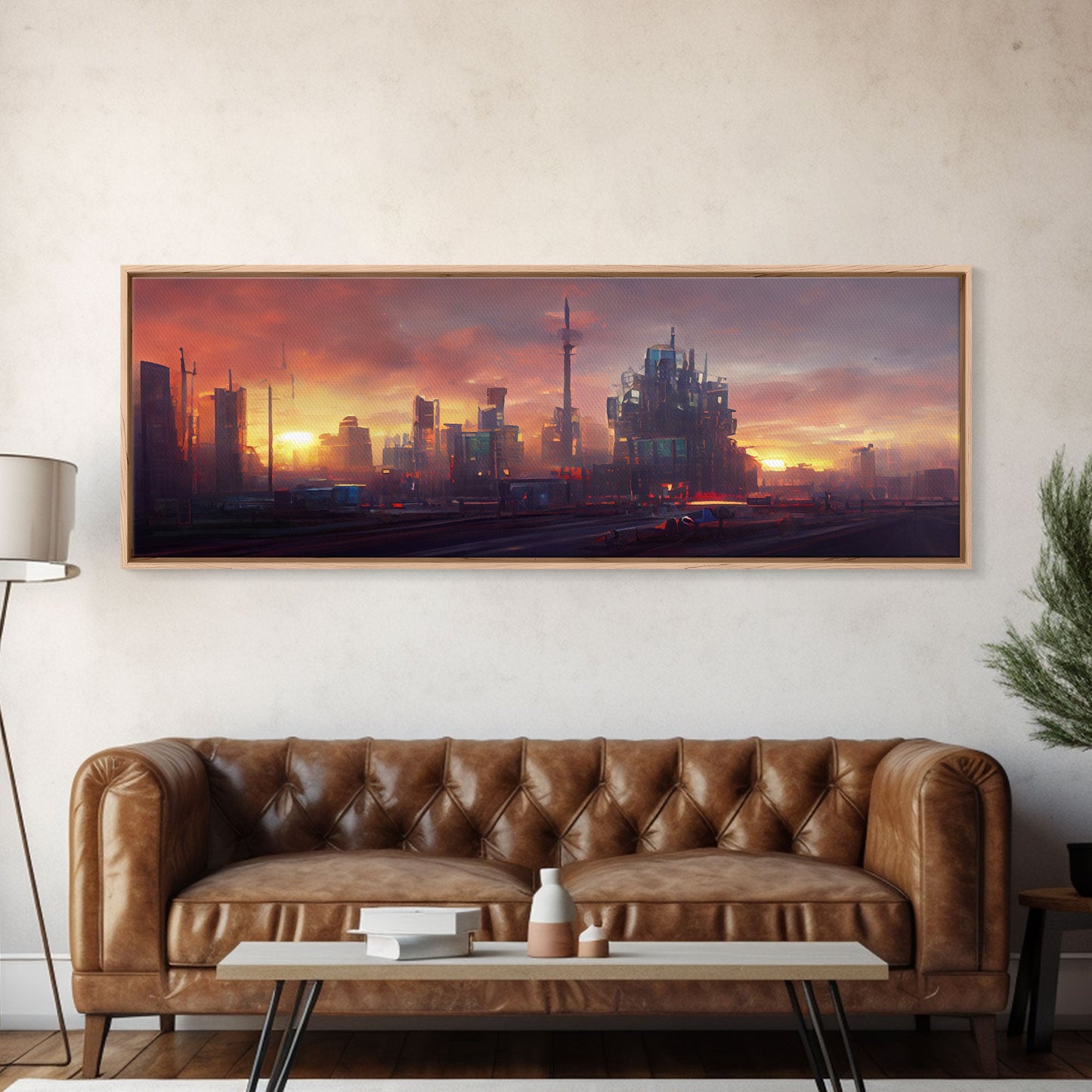 Cyberpunk City, Night City Watercolor, Ready To Hang Canvas Print, Panoramic, Videogame Concept Art, Watercolor Painting Of a Cyberpunk City