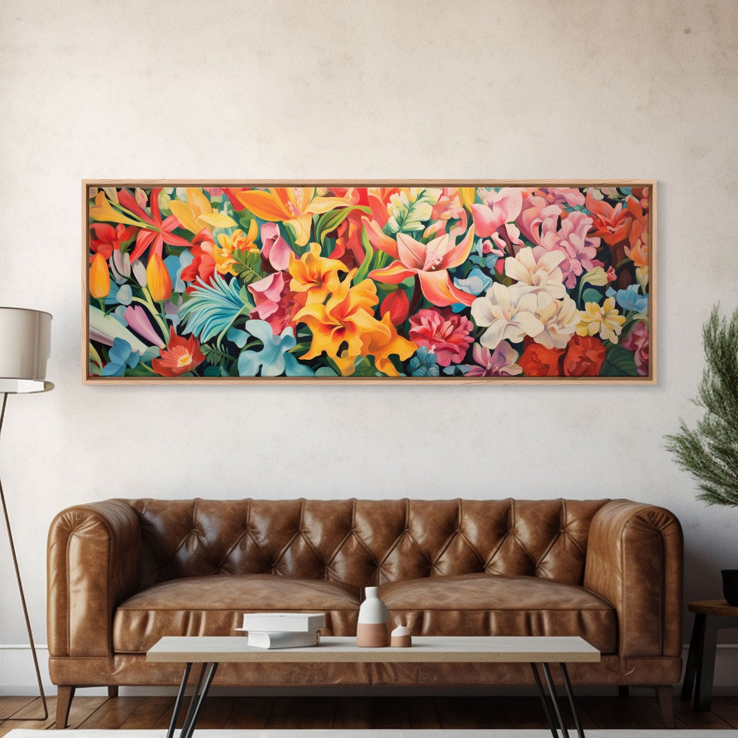 The Samurai, Framed Canvas Print, Panoramic Wall Art, Japanese Warrior Among The Cherry Blossoms, Retro Japanese Watercolor Painting