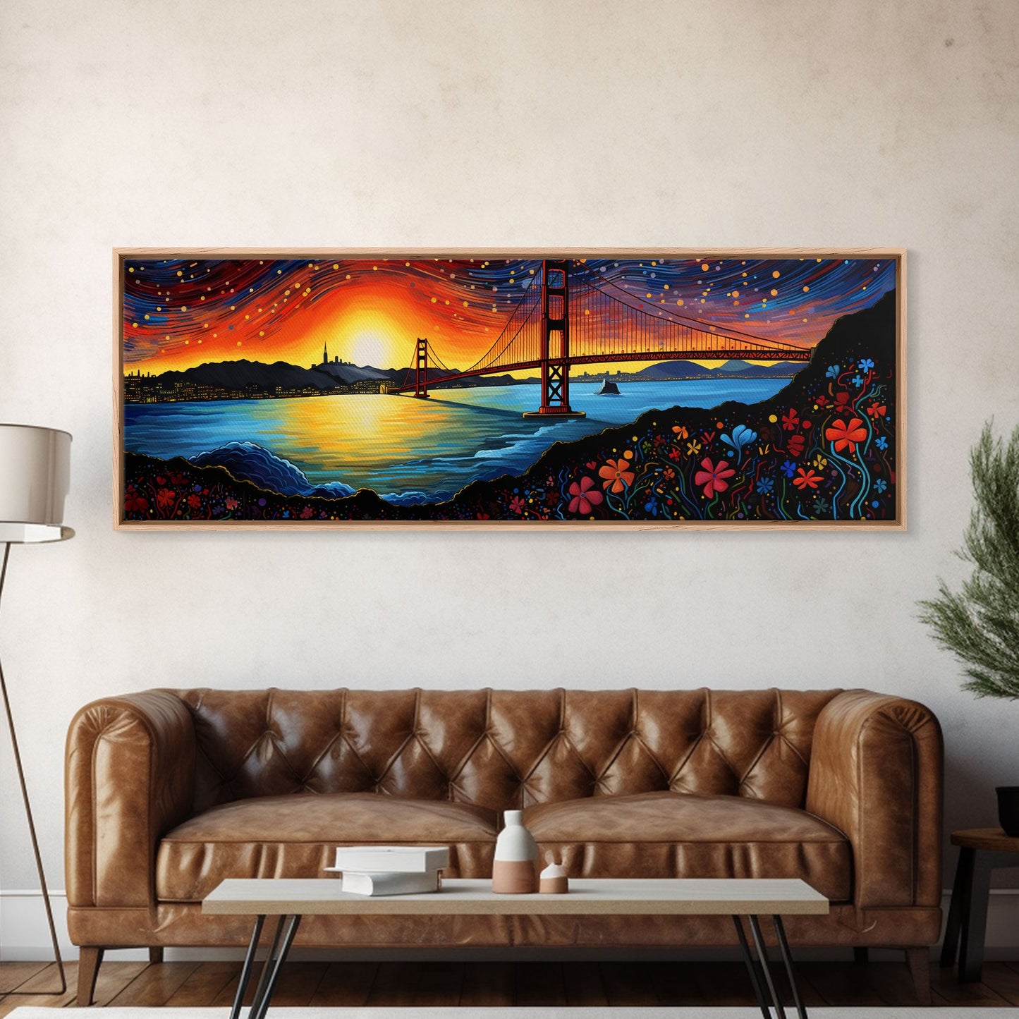 Golden Gate Bridge San Francisco Abstract Panoramic Framed Canvas Print, Van Gogh Inspired Original Painting, Colorful California Wall Art