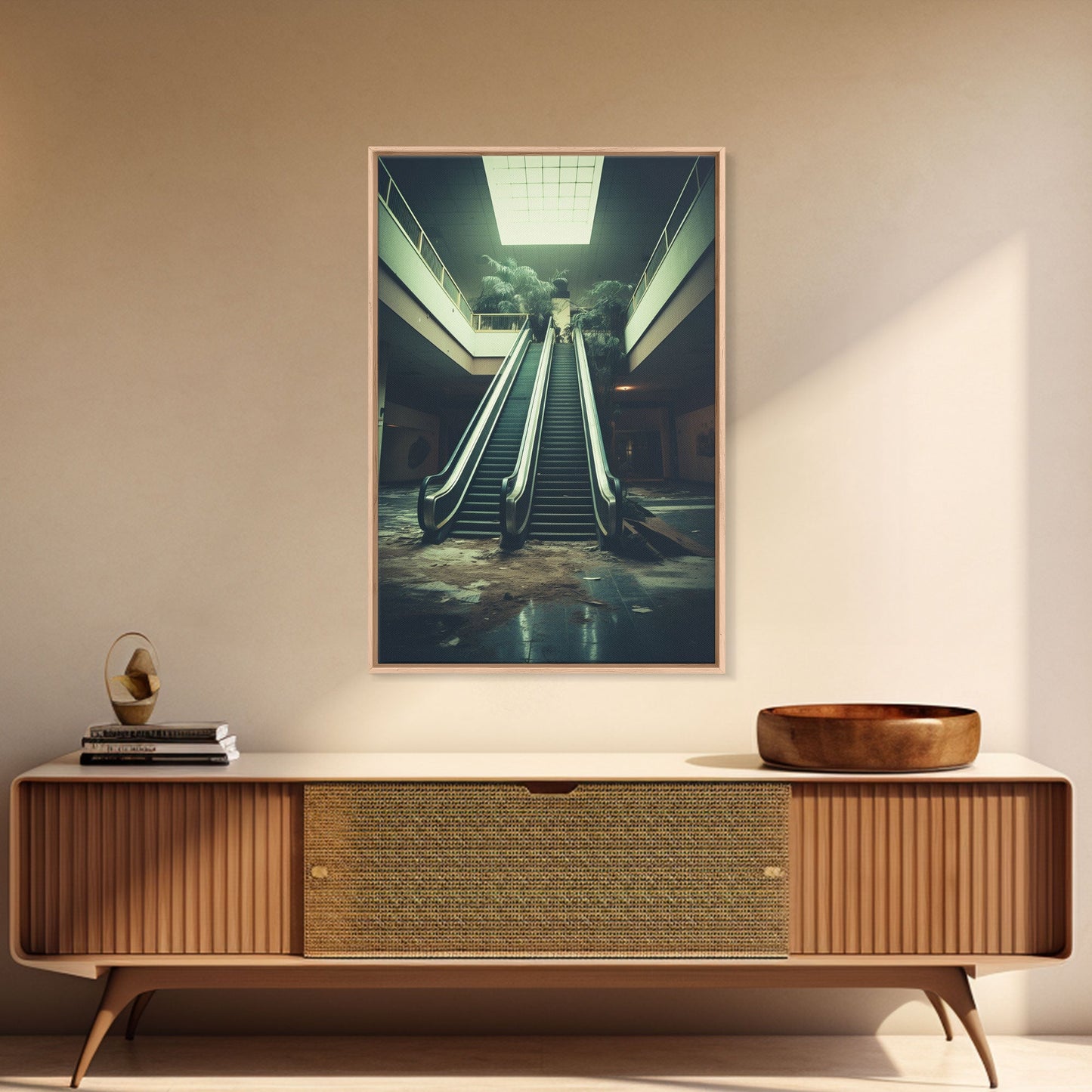 Escalator, Abandoned Building, Moody Wall Art, Horror Art Print, Canvas Print, Wall Hanging, Portrait Art, Nerdy Home Decor, Bedroom Prints