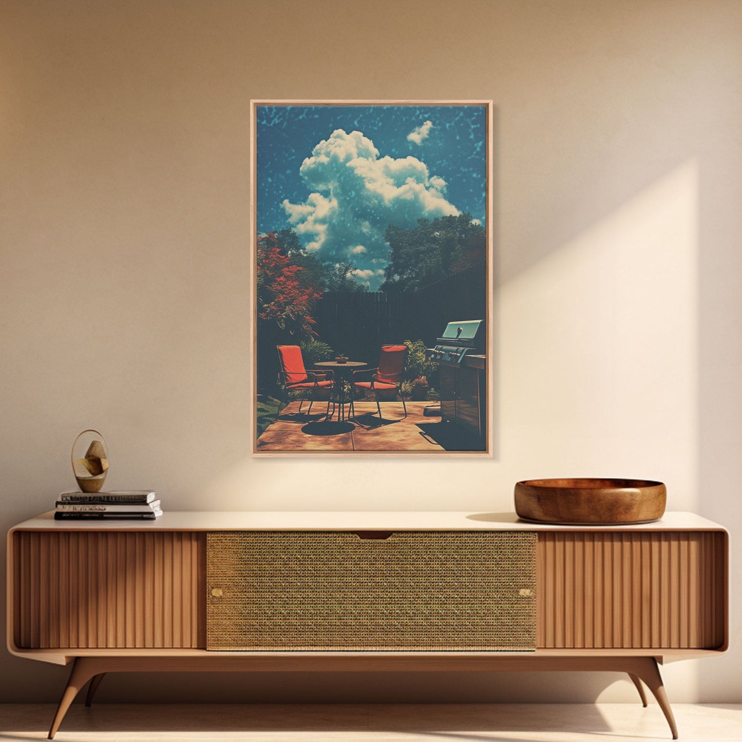 Back Yard Chillin', Summer Vibes, Framed Canvas Print, Retro Midcentury Modern BBQ Art, BBQ During An Eclipse, Liminal Art, Minimalist MCM