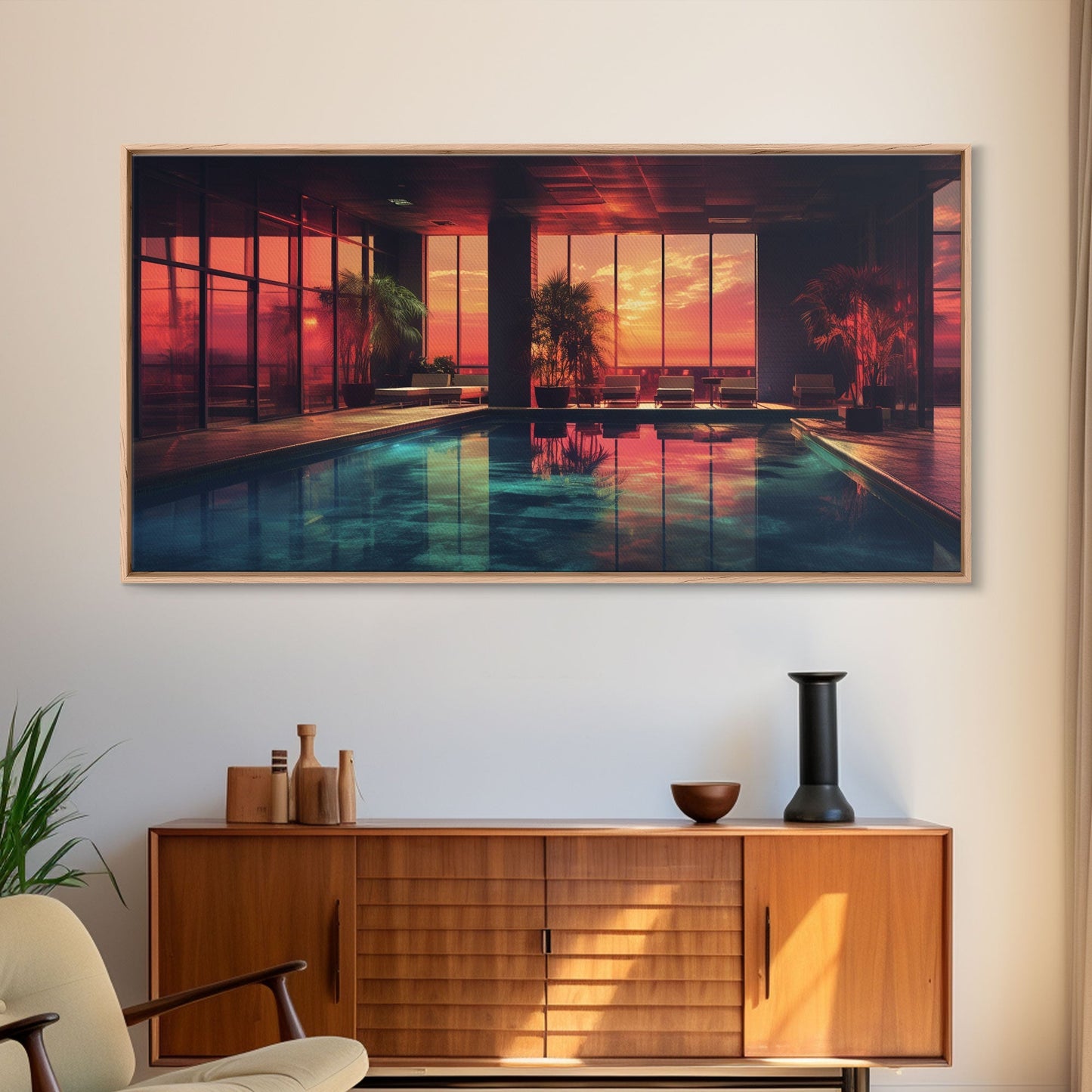 Midcentury Modern Wall Art, Framed Canvas Print, Retro MCM Decor, Minimalist Decor, Sunset Over An Indoor Pool, Eclectic Architecture Art